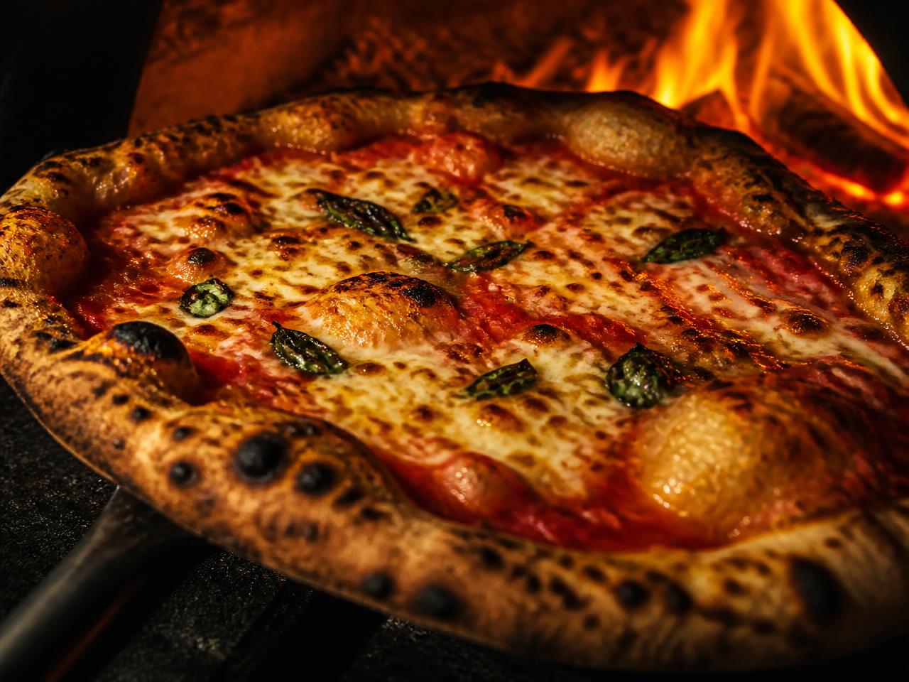Pizza sortant du four à bois
